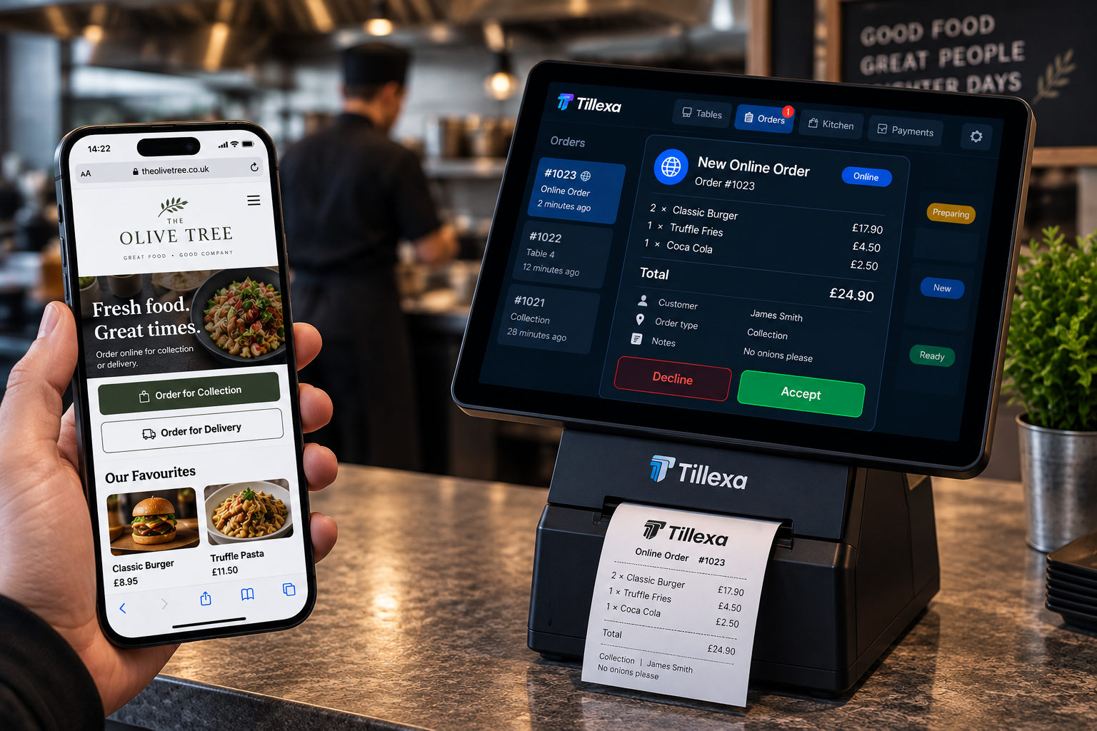 Tillexa online ordering website on a phone connected to a POS till with an integrated printer showing an incoming online order