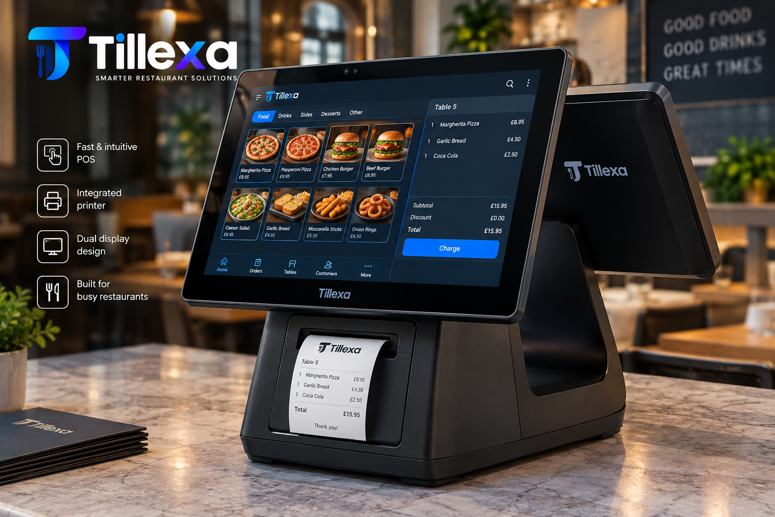 Tillexa dual-display POS terminal with integrated receipt printer
